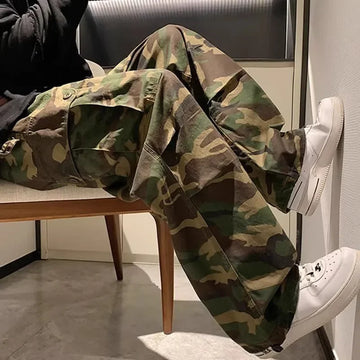 Riolio Trendy Vintage Camouflage Cargo Pants Men's Loose-fit Straight-leg High Street Hip Hop Ins Hong Kong Style Wide-leg Trousers